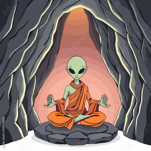 Meditating Alien Monk in Crystal Cave