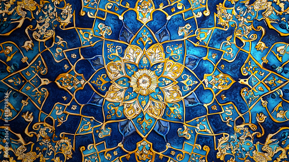Intricate Tile Pattern with Blue and Gold Colors Detailed Ornamentation Intricate Tile Pattern with Blue and Gold Colors Detailed Ornamentation