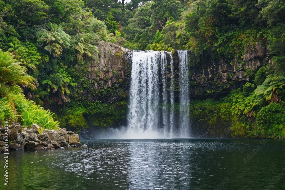 Obraz premium A beautiful waterfall cascades into a serene and reflective lake