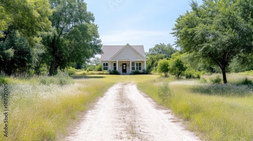 Rural Farmhouse Long Driveway Rustic Style High-Resolution Sunny Lighting Landscape Wide Shot Grassy Fields Peaceful Setting Countryside Warm Natural Tones Ideal for Real Estate Listings