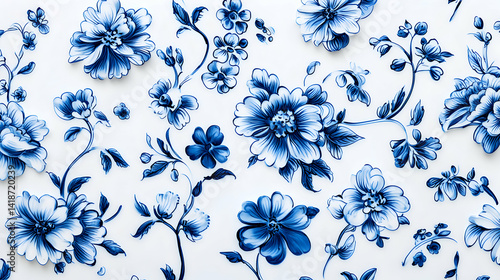 Floral Pattern with Blue Flowers and Vines on White Background Design