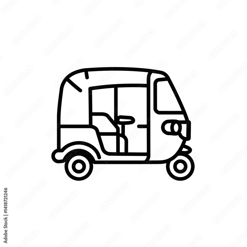 Fototapeta premium Auto Rickshaw Three-Wheeled Vehicle Icon, Transportation in Asia, Black and White Illustration, Line Art Design