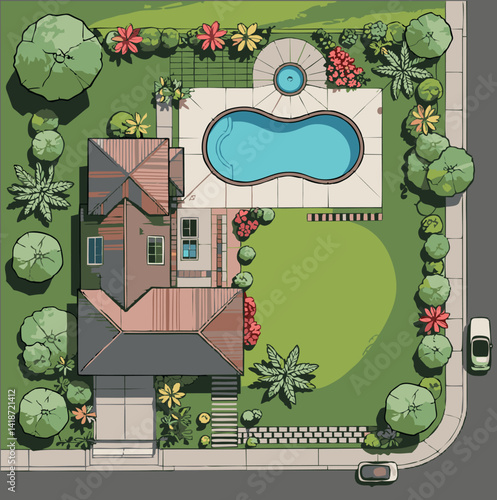 31.epsAerial top view illustration of a luxury residential property with a modern wooden house, landscaped garden, two uniquely shaped swimming pools, and surrounding greenery. Includes a driveway, ci