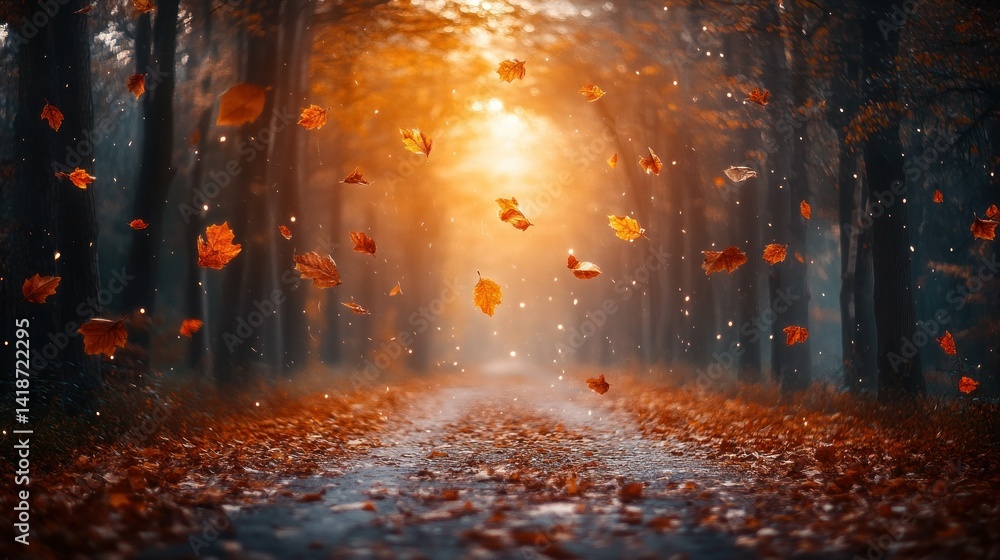 Autumnal pathway bathed in golden sunlight, with falling leaves Autumnal pathway bathed in golden sunlight, with falling leaves