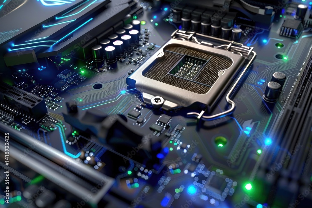 Fototapeta premium Close-up view of a computer motherboard with a CPU installed, showcasing intricate circuitry and glowing components.