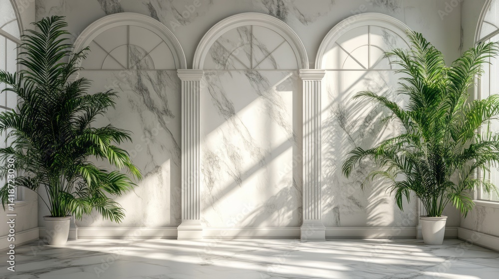 Interior space with marble wall arches and potted plants Interior space with marble wall arches and potted plants
