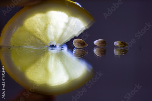 Bild auf Leinwand Stockholm, Sweden A slice of lemon with lemon seeds is reflected in a mirroe