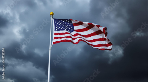 american flag waving in the wind of the storm sky