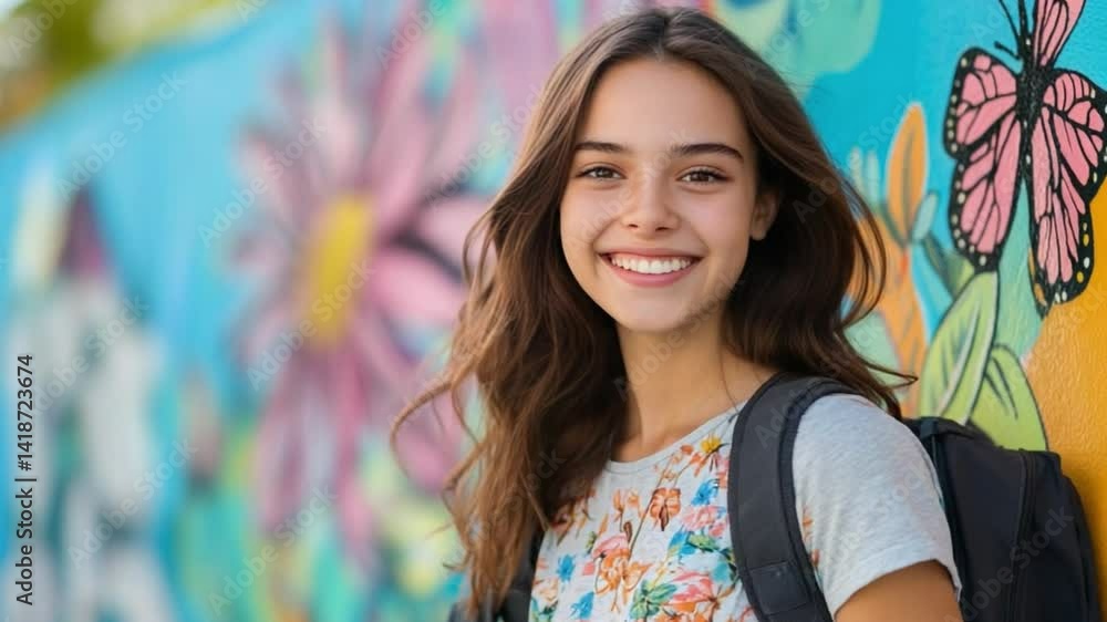 Smiling Young Student with backpack posing in front of a vibrant mural, radiating happiness and the promise of new adventures and education Smiling Young Student with backpack posing in front of a vibrant mural, radiating happiness and the promise of new adventures and education