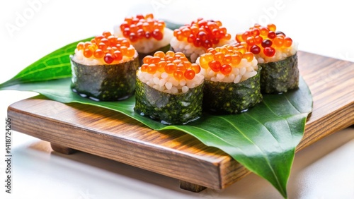 Wallpaper Mural Exquisite Sushi Platter: Caviar, Green Leaf, Wooden Board - High-Resolution Photo Torontodigital.ca