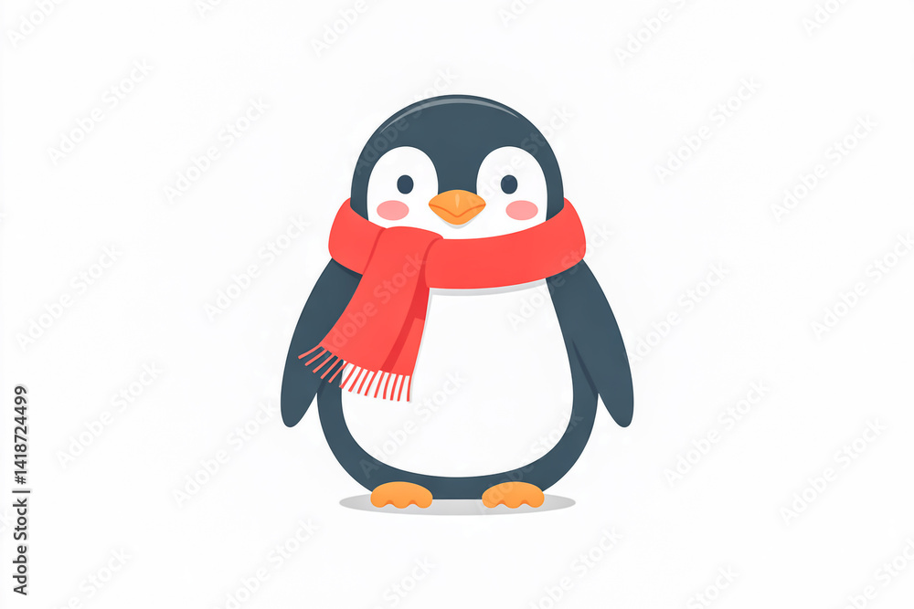 Fototapeta premium Cute cartoon penguin wearing a red scarf, flat vector design, minimalist shapes, white background, pastel colors, children's book illustration style