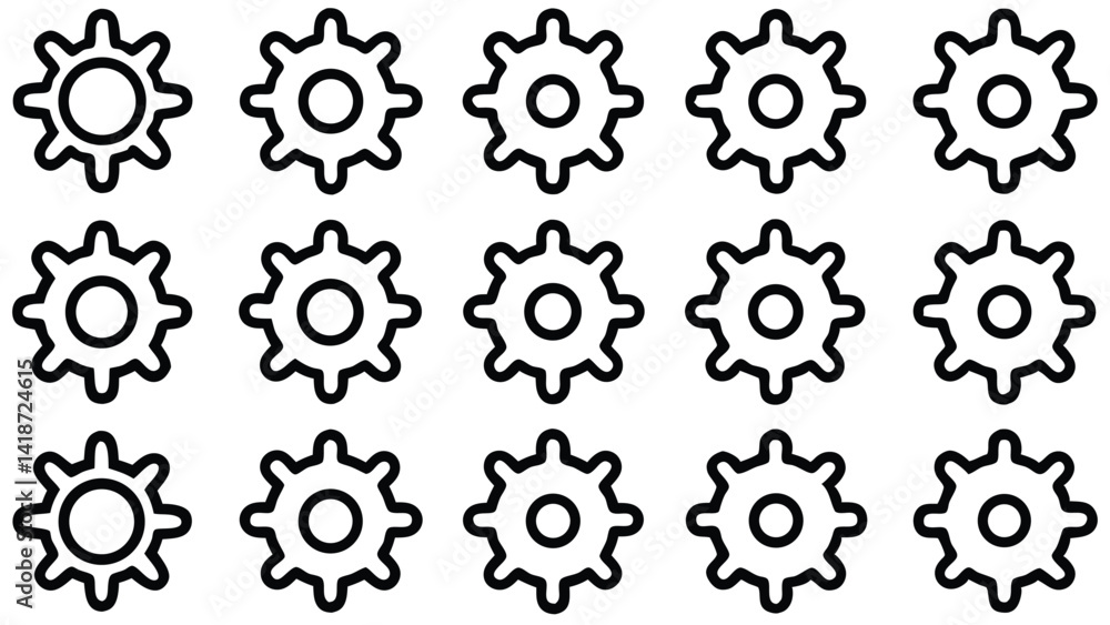 Fifteen Black and White Gear Icons on White Background