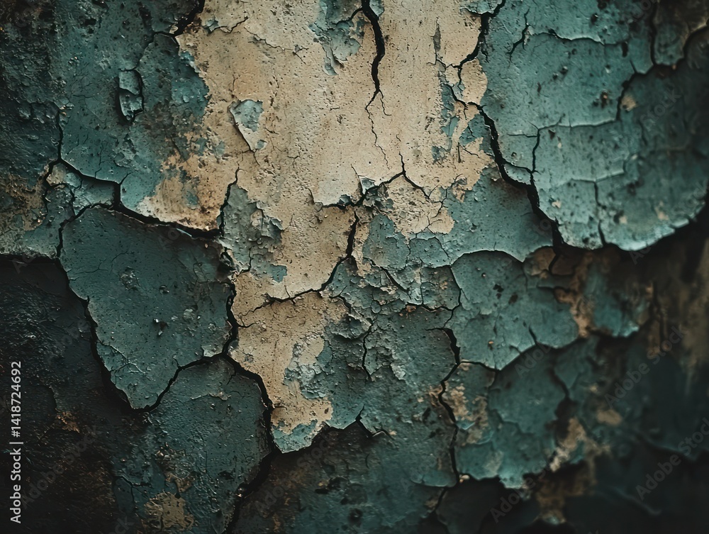 Obraz premium Aged, cracked paint surface texture. Detailed close-up of weathered, peeling paint, revealing underlying layers. Intricate patterns of cracks and fissures across a dark teal and light beige surface