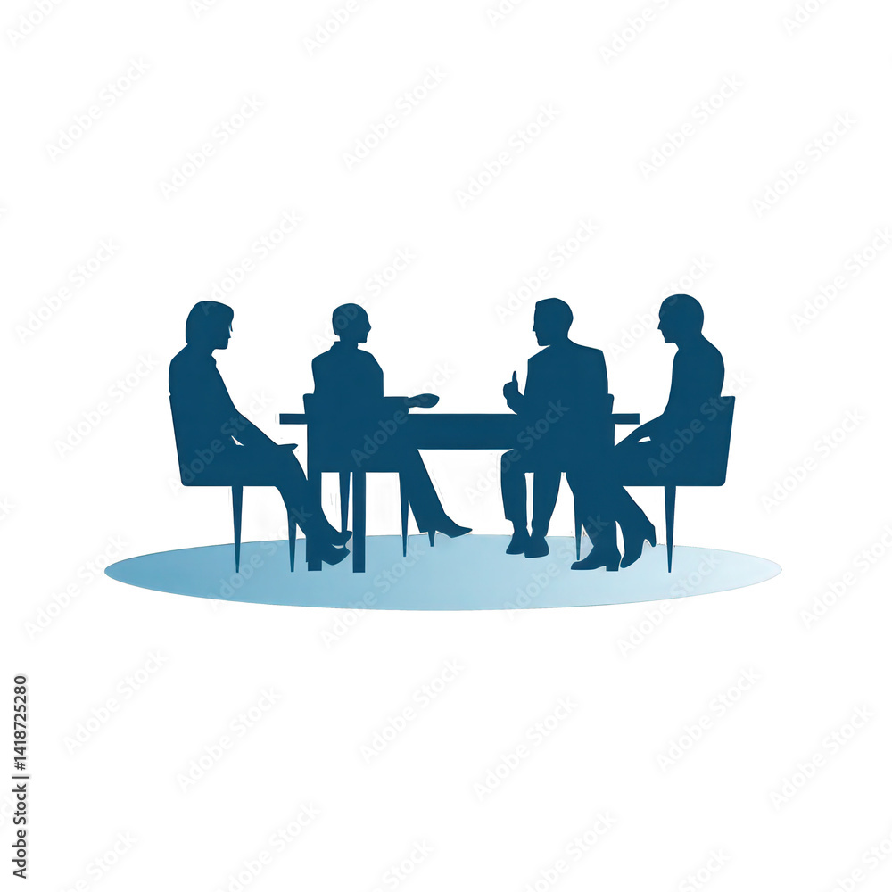 A group of four people engaged in a business meeting around a table, discussing strategies with a calm atmosphere in a modern office setting , isolated on white or transparent png A group of four people engaged in a business meeting around a table, discussing strategies with a calm atmosphere in a modern office setting , isolated on white or transparent png