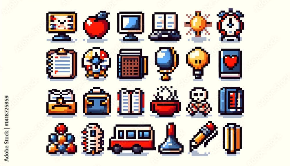 Obraz premium Tiny pixel art style vector icons about learning and school, with sharp lines and a retro computer vibe, on a clean white background.