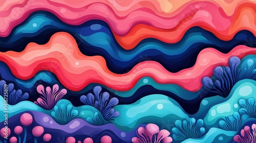 A vibrant abstract design featuring wavy patterns and marine elements in shades of pink, blue, and purple, creating a captivating underwater scene.