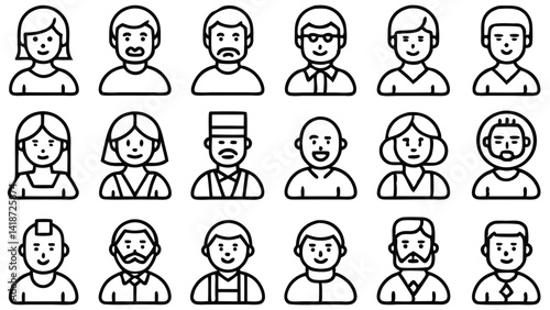 Collection of Diverse Line Art Avatar Icons for Web Design