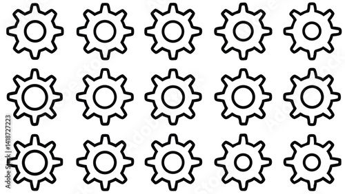 Fifteen Black Outline Cog Gears on White Background