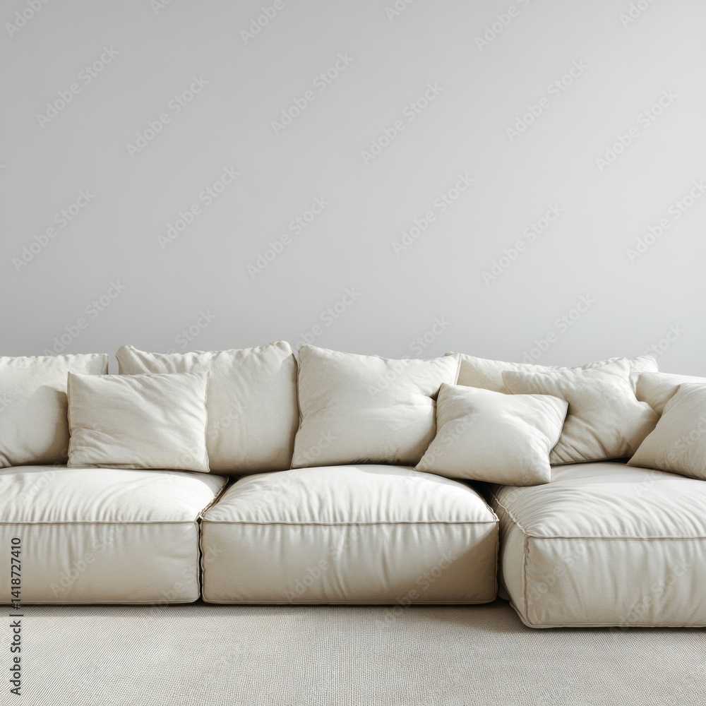 Comfortable modular sofa with soft pillows against white wall Comfortable modular sofa with soft pillows against white wall