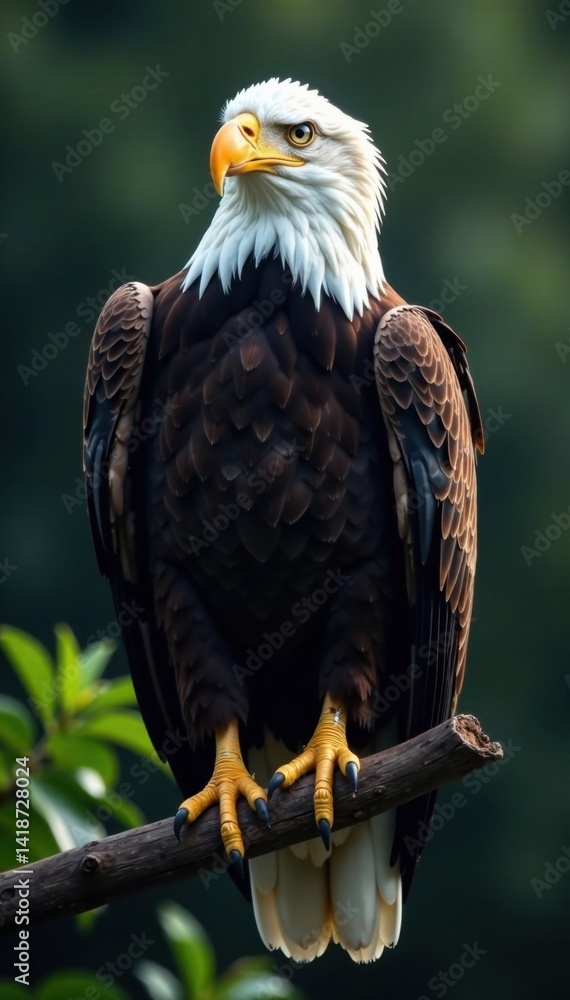 Fototapeta premium American Bald Eagle perched on a branch with its wings spread wide, bird of prey, landscape, patriotic icon