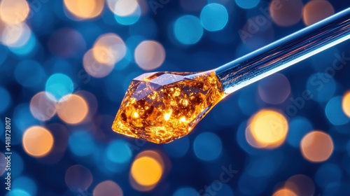 Shiny gem tip on blue fiber optics with golden bokeh background. Ideal for technology, science, or a luxurious digital graphic.