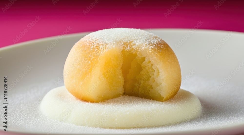 Golden pastry dusted with powdered sugar rests elegantly on a white plate, showcasing its fluffy texture against a soft background Golden pastry dusted with powdered sugar rests elegantly on a white plate, showcasing its fluffy texture against a soft background