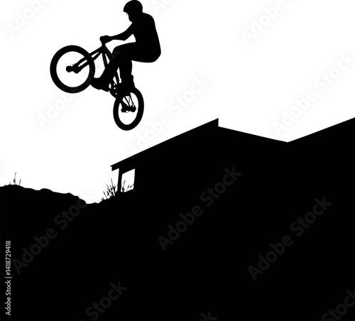 Silhouette of Cyclist Jumping Down Stairs on Bike, Extreme Sports Adventure Black