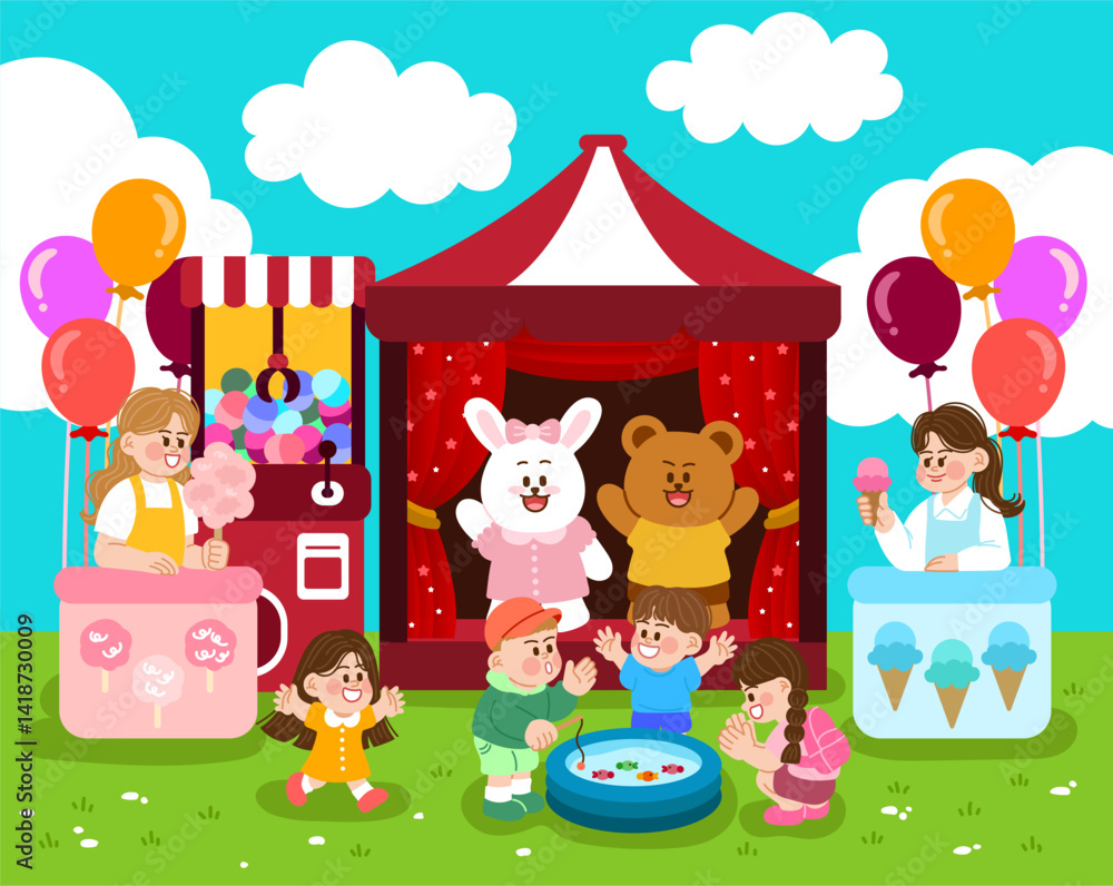 Naklejka premium At the Children's Day outdoor event, there are booths selling cotton candy and ice cream, a performance booth, and a toy claw machine. Children are having fun fishing for toys in a small pool.