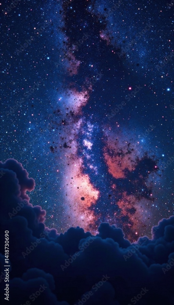 Naklejka premium Dense starry sky with glittering constellations and nebulae, starry night, astronomy, galaxy