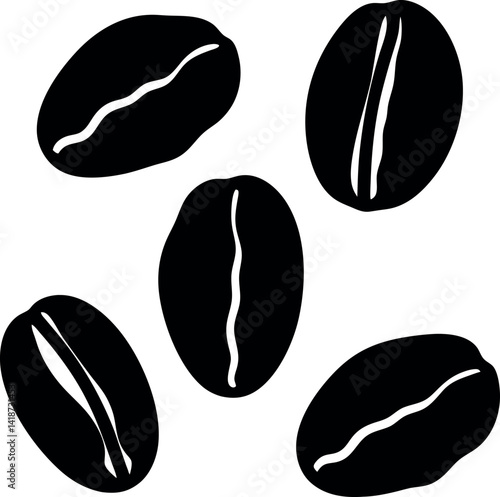 Black and White Silhouette of Five Coffee Beans on a White Background, Minimalistic