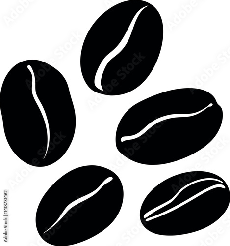 Black Coffee Beans Grouped Together Silhouette Isolated On White Background Minimalist Style