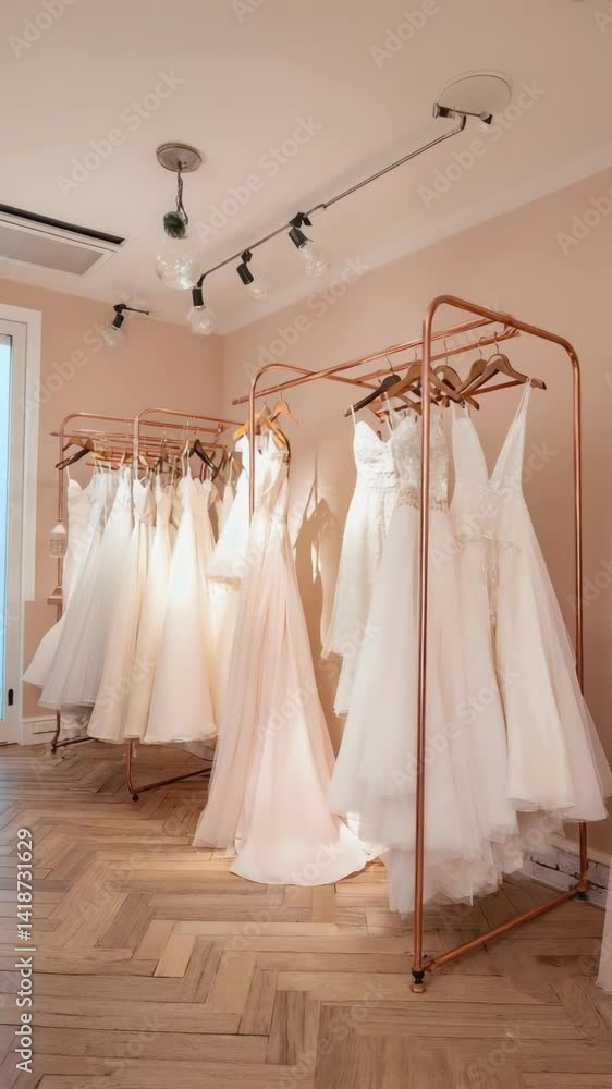 Elegant assortment of bridal gowns hanging on modern copper racks in a brightly lit boutique with hardwood floors and contemporary lighting fixtures. Elegant assortment of bridal gowns hanging on modern copper racks in a brightly lit boutique with hardwood floors and contemporary lighting fixtures.
