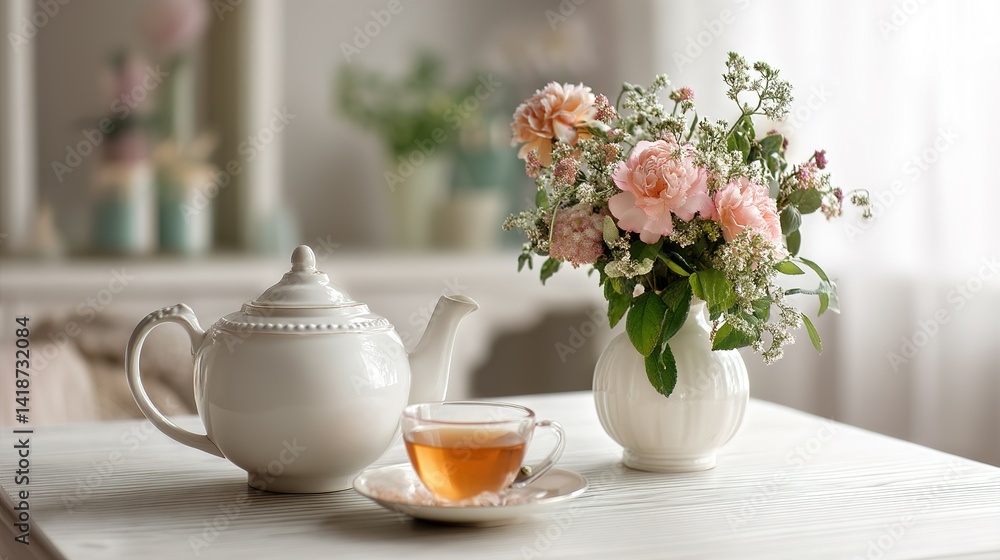 Fototapeta premium Delicate floral arrangement beside a tea set on a white table.