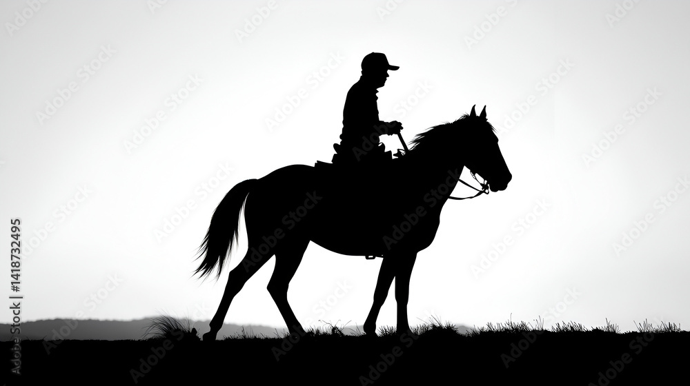 Obraz premium Silhouette of a cowboy riding a horse depicted in black and white.