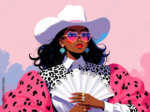 Airbrushed clipart of a beautiful Black woman in pink, cheetah and white cowboy attire 