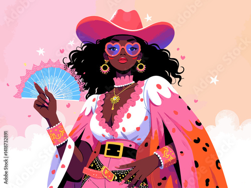 Airbrushed clipart of a beautiful Black woman in pink, cheetah and white cowboy attire 