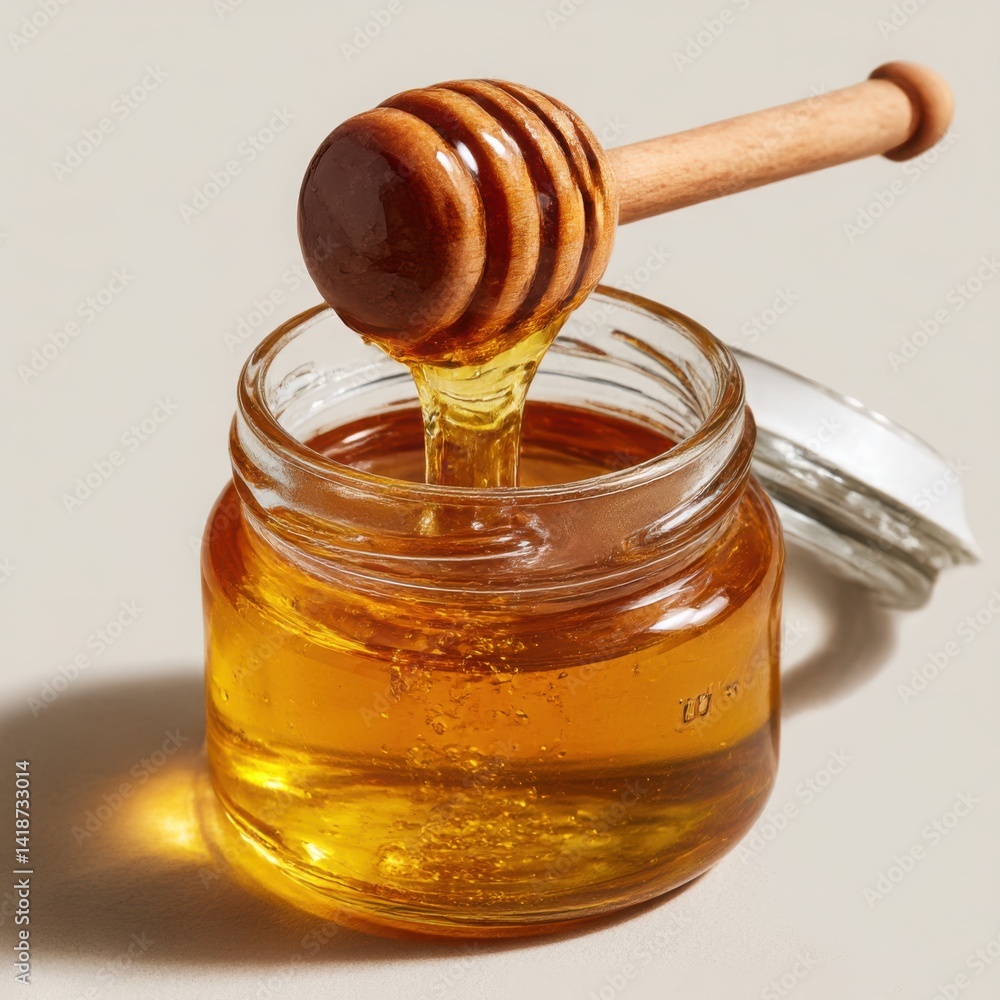 Honey jar with dipper pouring honey on white background Honey jar with dipper pouring honey on white background
