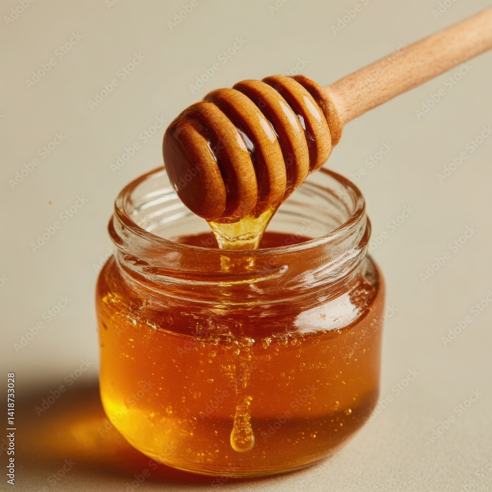 Honey jar with dipper dripping on white background Honey jar with dipper dripping on white background