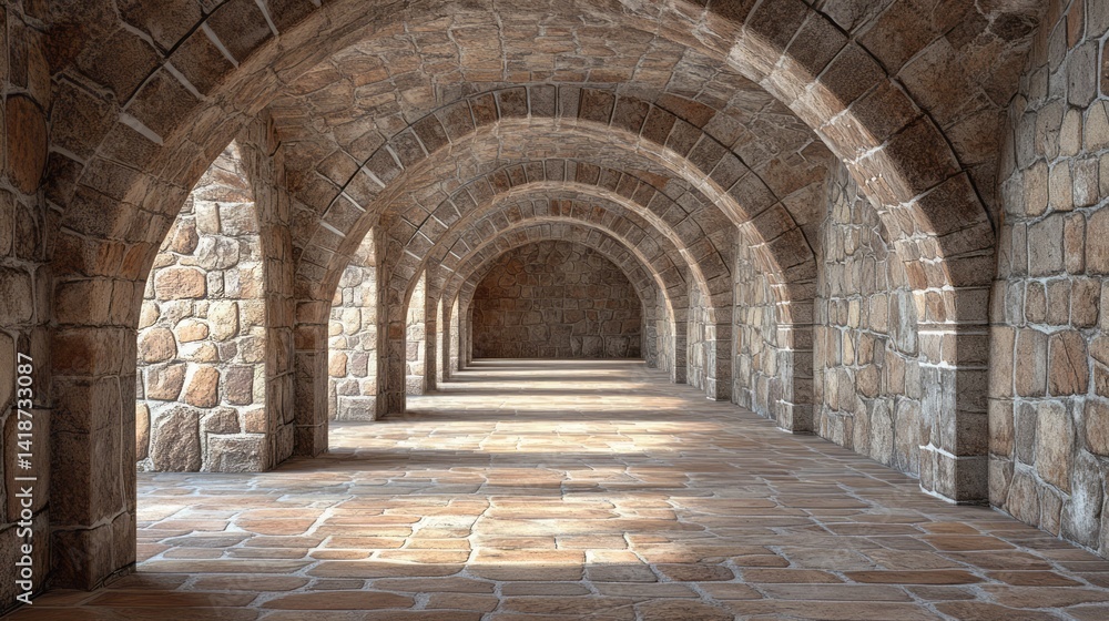 Obraz premium Stone arched hallway with repeating arches and stone flooring