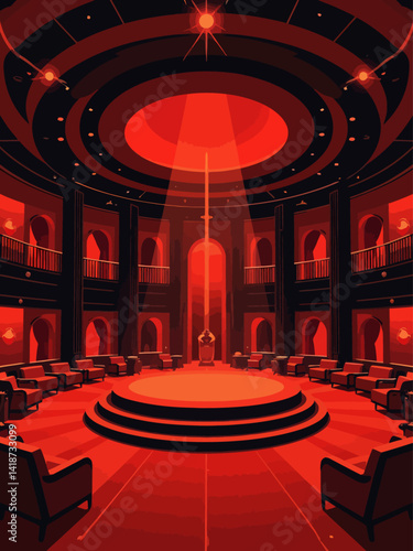  interior view, private club, hell themed, immense circular room with a large stage in the centre, red and black furnitures