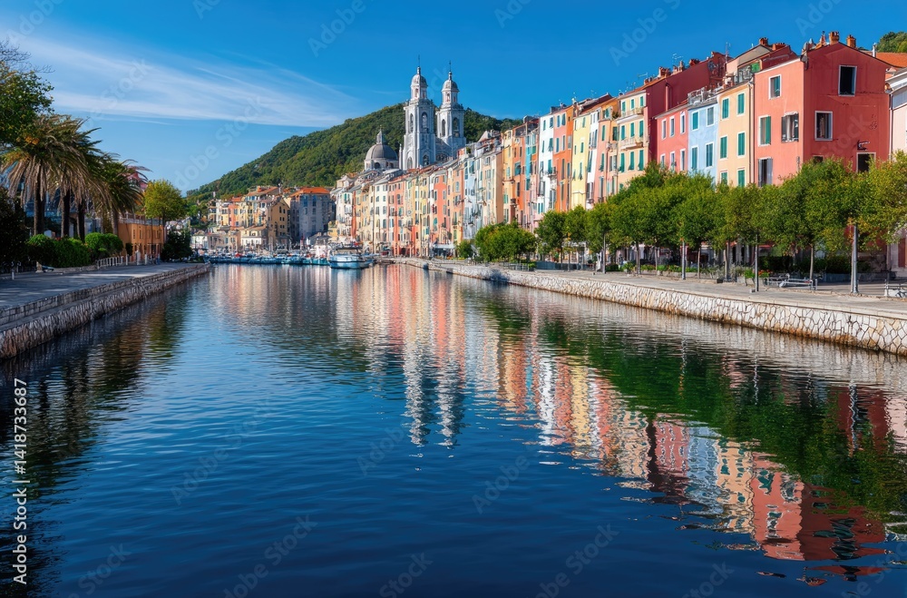 Naklejka premium A panoramic view of Savannah, featuring the colorful medieval buildings along its riverbank and church spires standing tall in front of it