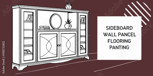 3d rendering sideboard wall panel with flooring interior decoration in dark red background. 
