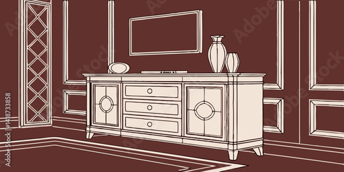 3d rendering sideboard wall panel with flooring interior decoration in dark red background. 
