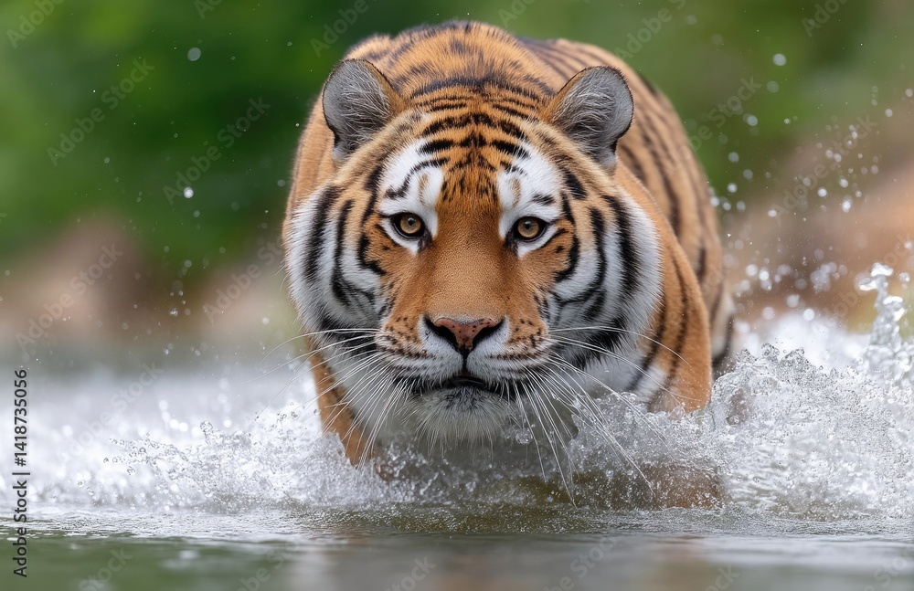 Fototapeta premium A tiger is running through the water, with superb motion capture photography