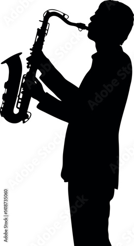 Silhouette Of AfricanAmerican Man Playing Saxophone, Music Performance, Isolated On White