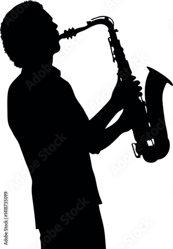 Silhouette of Man Playing Saxophone, Musical Instrument Black Shape on White Background