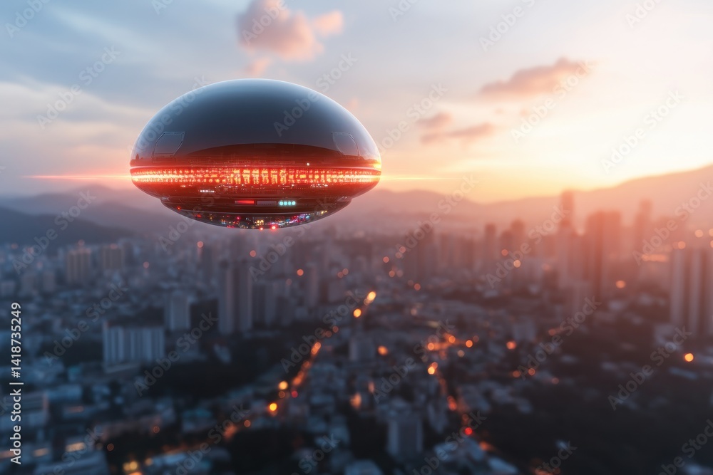 Futuristic UFO hovering over a city at sunset, a captivating scene of science fiction and urban landscapes. Futuristic UFO hovering over a city at sunset, a captivating scene of science fiction and urban landscapes.