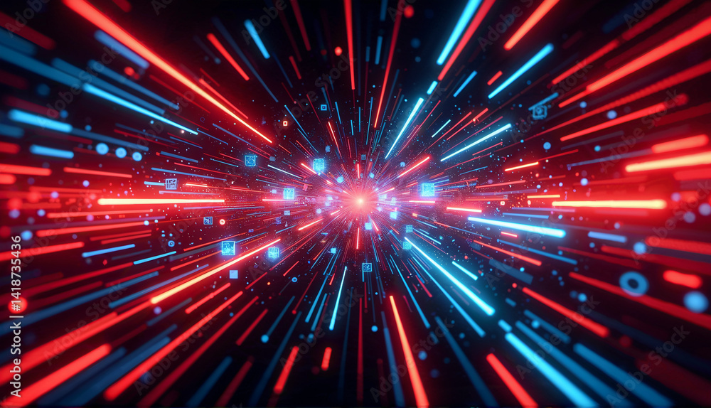 Fototapeta premium Abstract representation of high-speed data transfer or space travel with glowing lines and dots