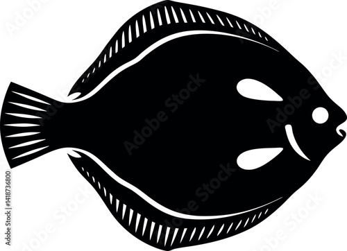 Flatfish silhouette, black and white seafood illustration, ocean animal clip art design