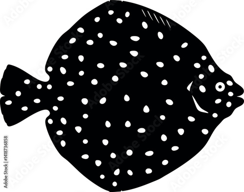 Stylized Flatfish Silhouette Black Sea Flounder with White Spots, Marine Animal